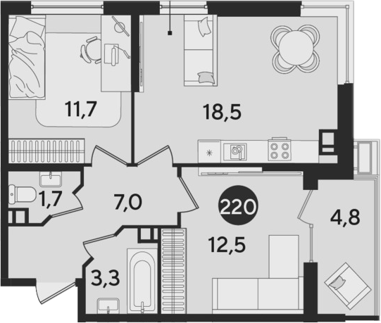 3-комн., 54.7 м², 3/9 этаж, ЖК «Парк Победы»