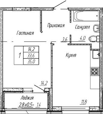 1-комн., 33.6 м², 2/9 этаж, ЖК «Архитектор. ГК ЮгСтройИнвест»
