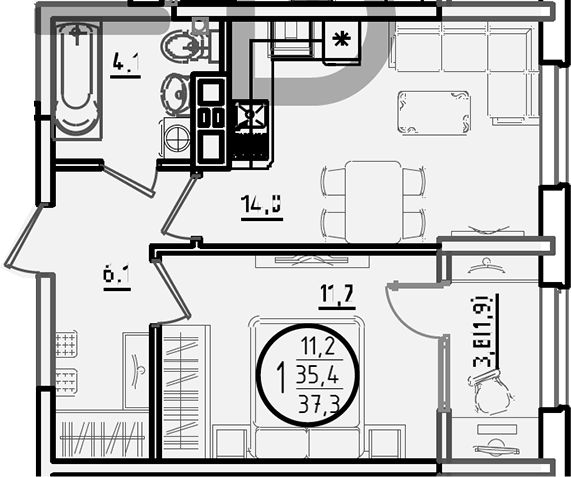 1-комн., 35.4 м², 3/9 этаж, ЖК «Первое место»