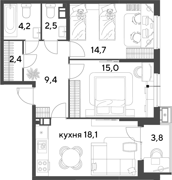 3-комн., 66.3 м², 8/9 этаж, ЖК «Парк Победы»