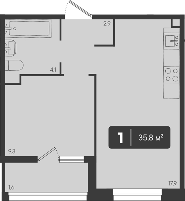 1-комн., 34.2 м², 2/9 этаж, ЖК «Архитектор. ГК ЮгСтройИнвест»