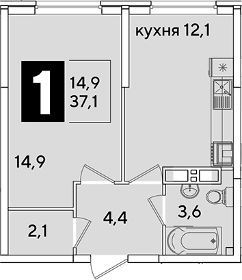 1-комн., 37.1 м², 10/16 этаж, ЖК «Самолет»