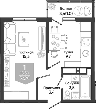 1-комн. Облака
