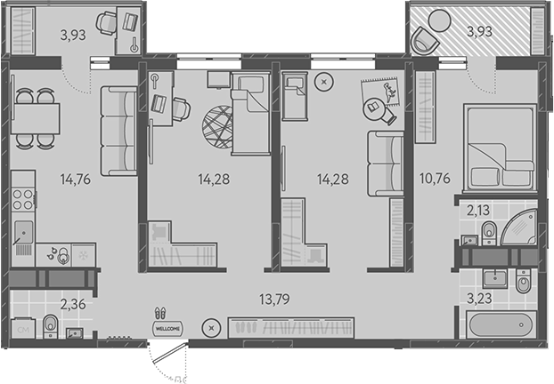 3-комн., 75.59 м², 11/16 этаж, ЖК «Теплые края»