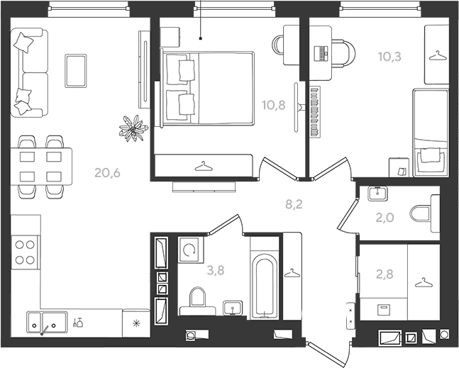 2-комн., 58.5 м², 3/9 этаж, ЖК «Самолет»