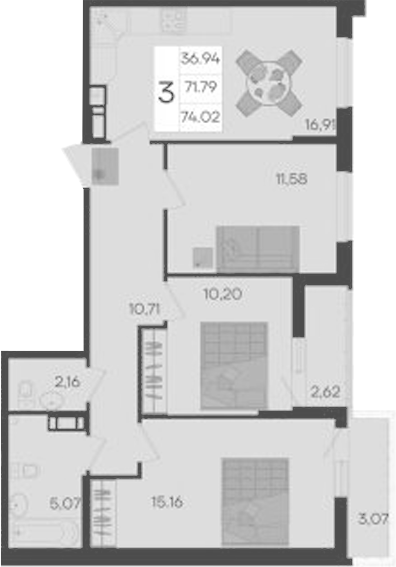 3-комн., 71.79 м², 8/9 этаж, ЖК «Дом 101»