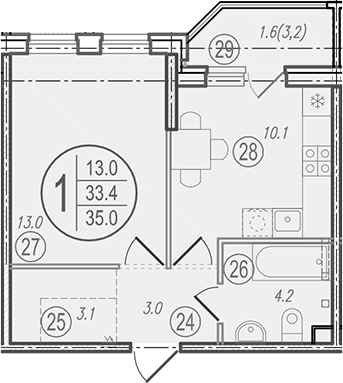 1-комн., 33.4 м², 1/9 этаж, ЖК «Спортивная деревня»