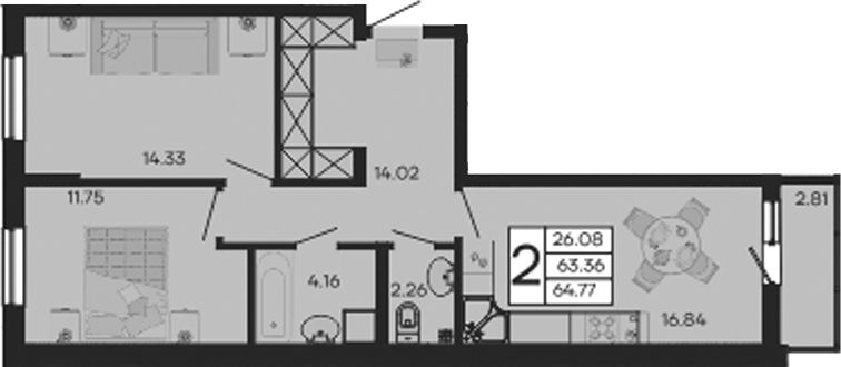 2-комн., 63.36 м², 2/9 этаж, ЖК «Дом 101»