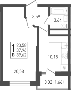 1-комн., 38.8 м², 12/22 этаж, ЖК «ЖК «Кубанская Крепость»»