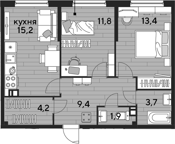 2-комн., 59.6 м², 8/19 этаж, ЖК «DОГМА ПАРК»