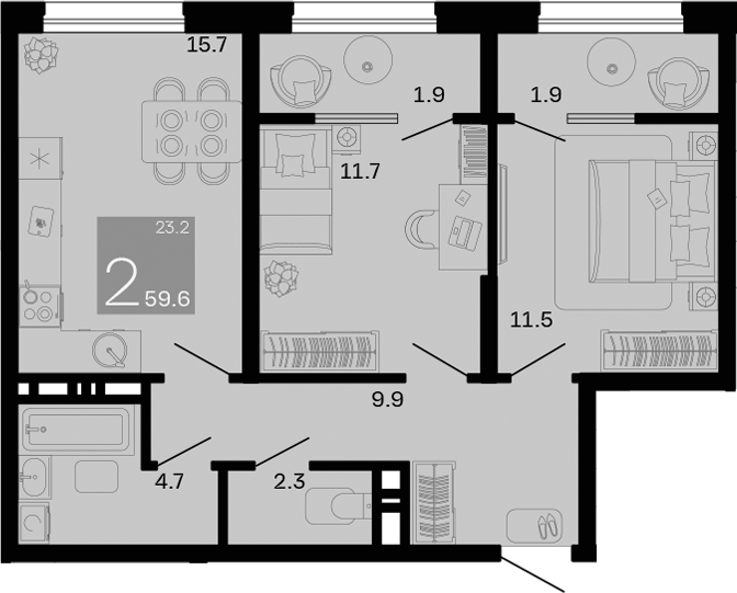 Продается 2-комн. квартира, 55.8 м²