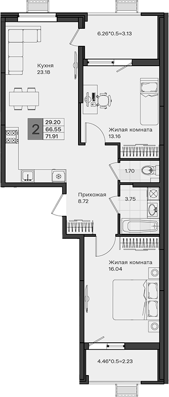 Продается 2-комн. квартира, 66.55 м²