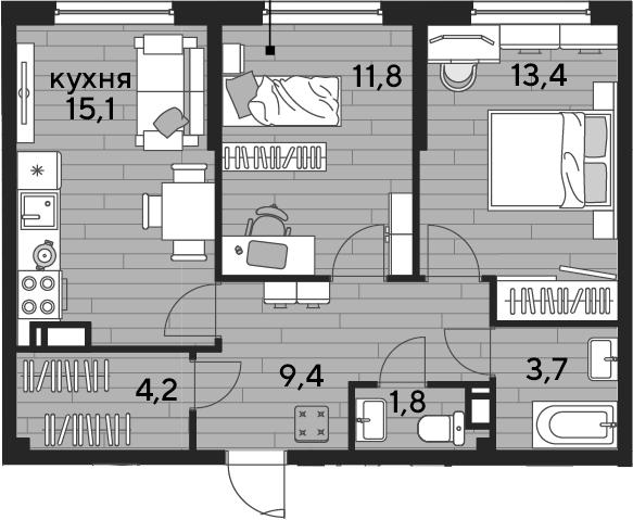 2-комн., 59.4 м², 10/19 этаж, ЖК «DОГМА ПАРК»