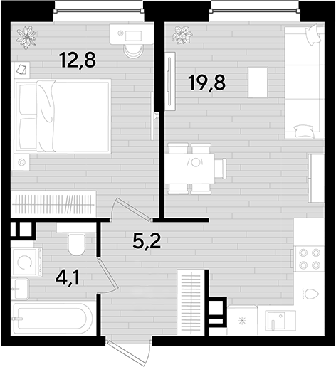 1-комн., 41.9 м², 7/16 этаж, ЖК «DОГМА ПАРК»