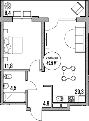 2-комн., 41.5 м², 5/5 этаж, ЖК «МореТут»