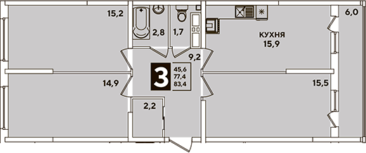4+ комнаты, 77.4 м², 13/16 этаж, ЖК «Самолет»