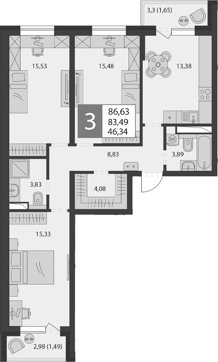 3-комн., 80.35 м², 4/9 этаж, ЖК «К24»