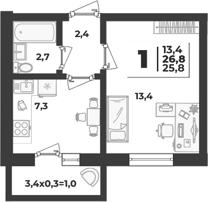 Продается 1-комн. квартира, 25.8 м²