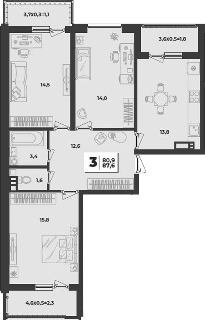3-комн., 75.7 м², 3/9 этаж, ЖК «Лето»