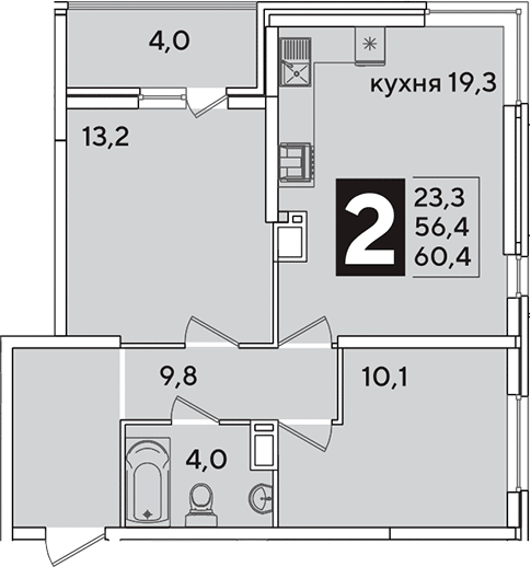 3-комн., 56.4 м², 11/16 этаж, ЖК «Самолет»