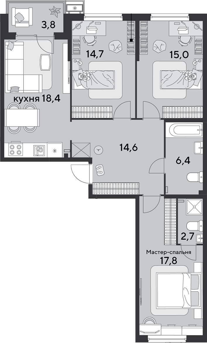 4+ комнаты, 89.6 м², 2/9 этаж, ЖК «Парк Победы»