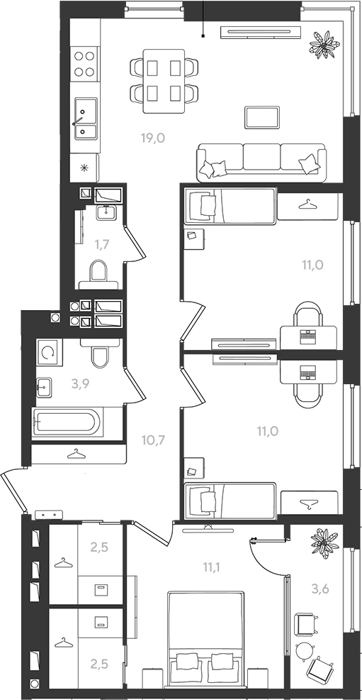3-комн., 73.4 м², 3/9 этаж, ЖК «Самолет»