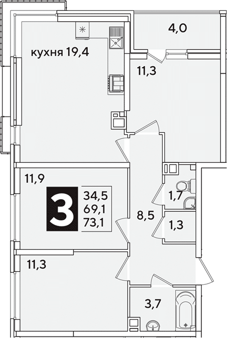 Продается 4-комн. квартира, 69.1 м²