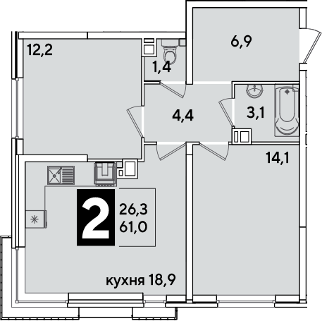 3-комн., 61 м², 3/16 этаж, ЖК «Самолет»
