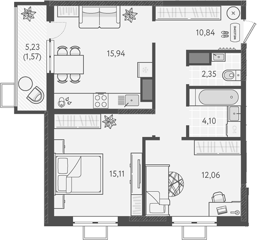 2-комн., 60.4 м², 18/18 этаж, ЖК «Теплые края»