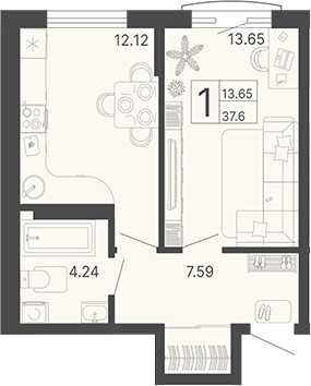 1-комн., 37.6 м², 14/19 этаж, ЖК «Светский лес»