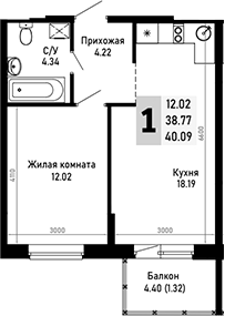 1-комн., 38.77 м², 2/4 этаж, ЖК «Усадьба Гостагаевская»