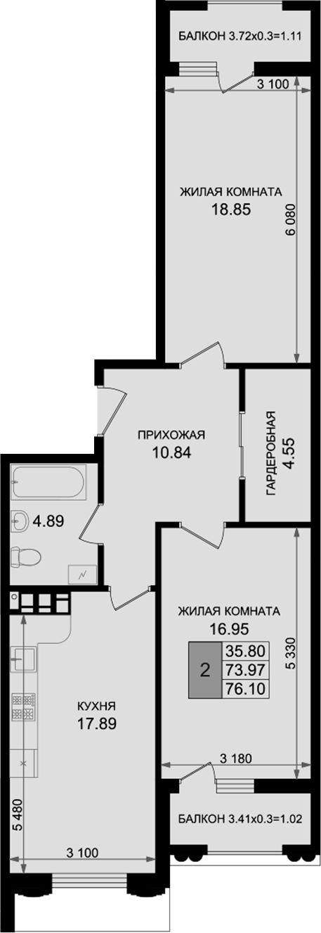 2-комн., 73.97 м², 3/8 этаж, ЖК «Резиденция морей»