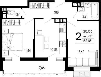 Продается 2-комн. квартира, 48.35 м²