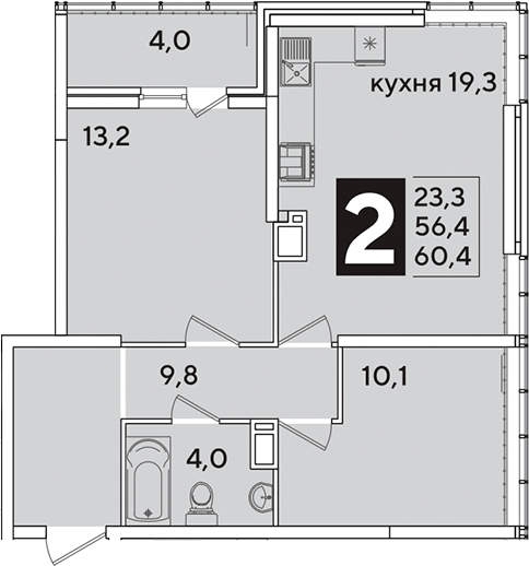 3-комн., 56.4 м², 15/16 этаж, ЖК «Самолет»