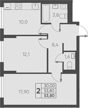 2-комн., 53.8 м², 1/15 этаж, ЖК «Барса»