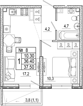 2-комн., 36.4 м², 1/17 этаж, ЖК «Лестория»