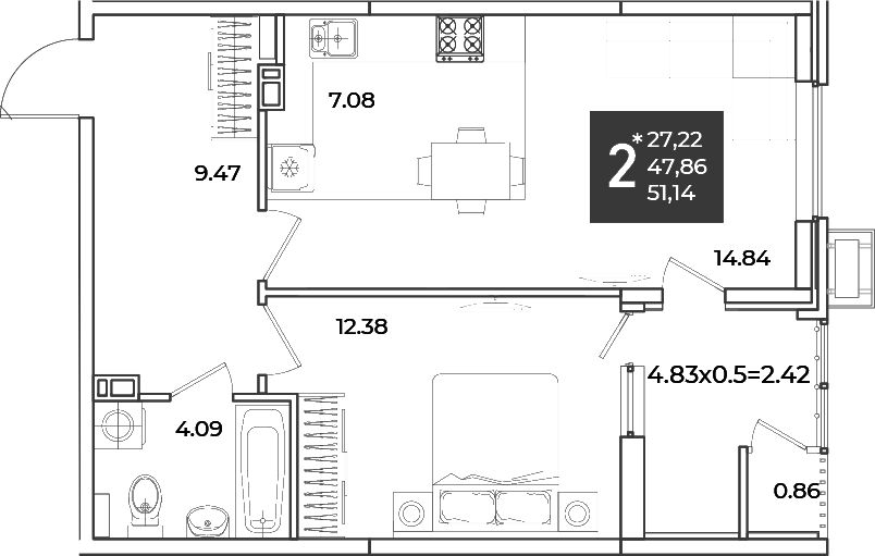 Продается 1-комн. квартира, 47.86 м²