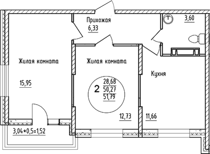 2-комн., 50.27 м², 3/16 этаж, ЖК «Друг»