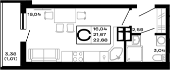 Студия, 21.67 м², 5/16 этаж, ЖК «Горные высоты»