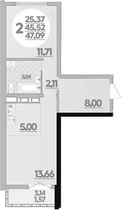 1-комн., 45.52 м², 1/16 этаж, ЖК «Город у моря»