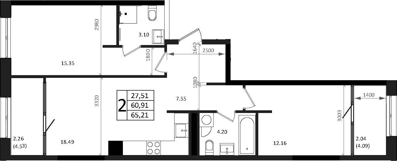 3-комн., 60.91 м², 15/16 этаж, ЖК «Патрики»