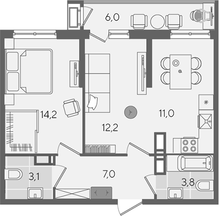 2-комн., 51.3 м², 12/24 этаж, ЖК «Рекорд»