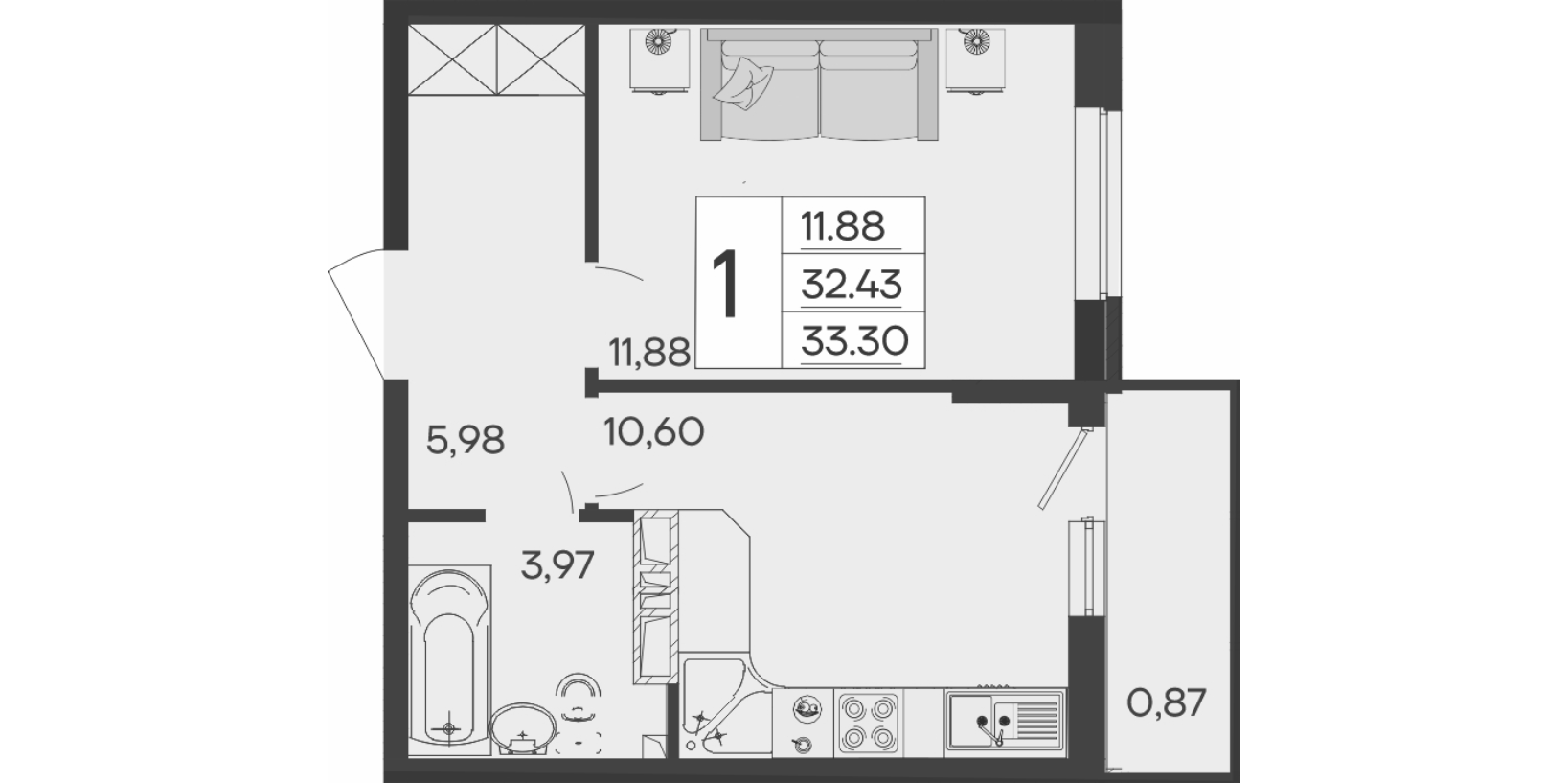 1-комн., 32.43 м², 6/9 этаж, ЖК «Дом 101»