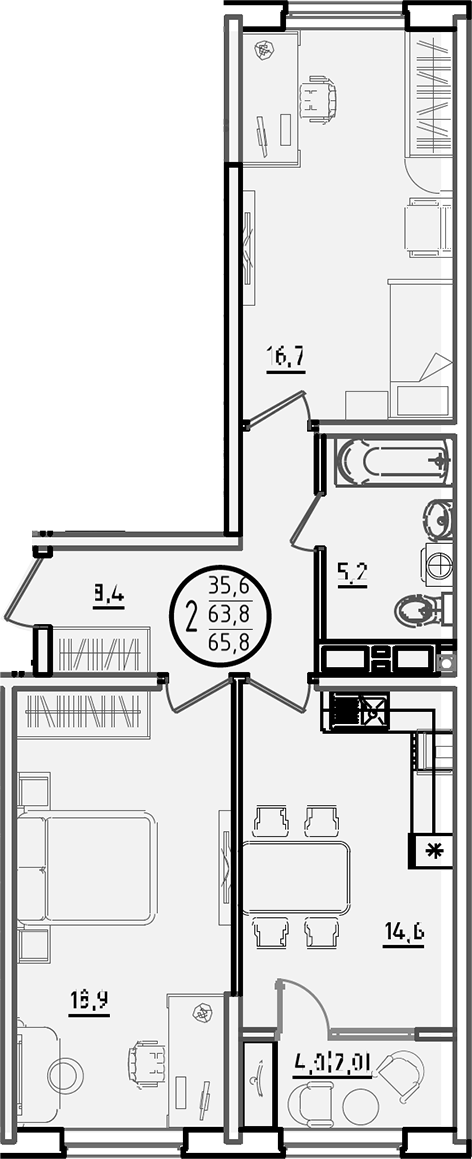 2-комн., 63.8 м², 12/18 этаж, ЖК «Первое место»