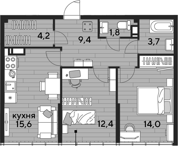 2-комн., 61.1 м², 19/19 этаж, ЖК «DОГМА ПАРК»