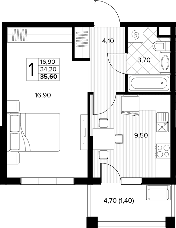 1-комн., 34.2 м², 2/6 этаж, ЖК «Кипарис»