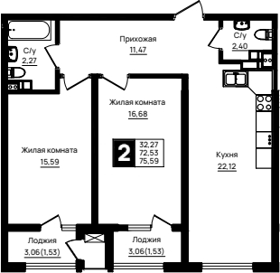 2-комн., 72.53 м², 5/18 этаж, ЖК «Резиденция морей»