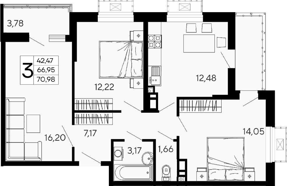3-комн., 66.94 м², 15/16 этаж, ЖК «Эпос»