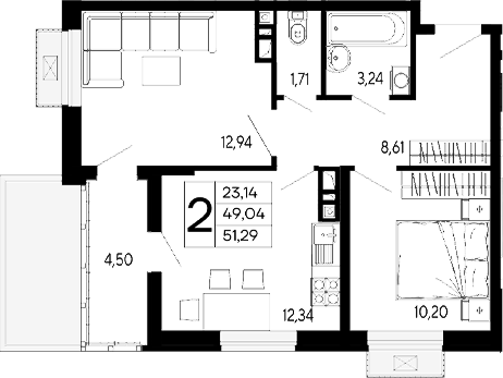 2-комн., 49.04 м², 16/16 этаж, ЖК «Эпос»
