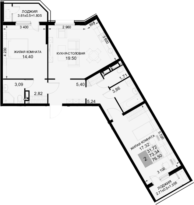 2-комн., 73.35 м², 13/18 этаж, ЖК «Фонтаны»